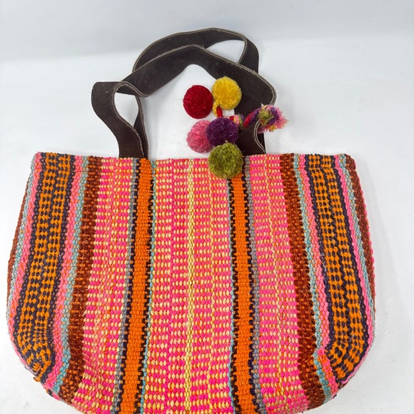 Peruvian Connection Handbags - Peruvian Connection Handwoven Tote Bag Pink Striped Wool Pom Pom Boho Artisan
